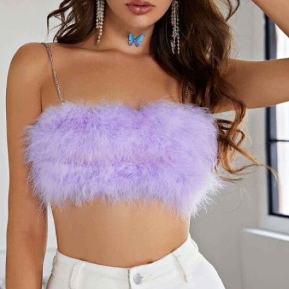 O-ring zip back fuzzy chain cami crop top